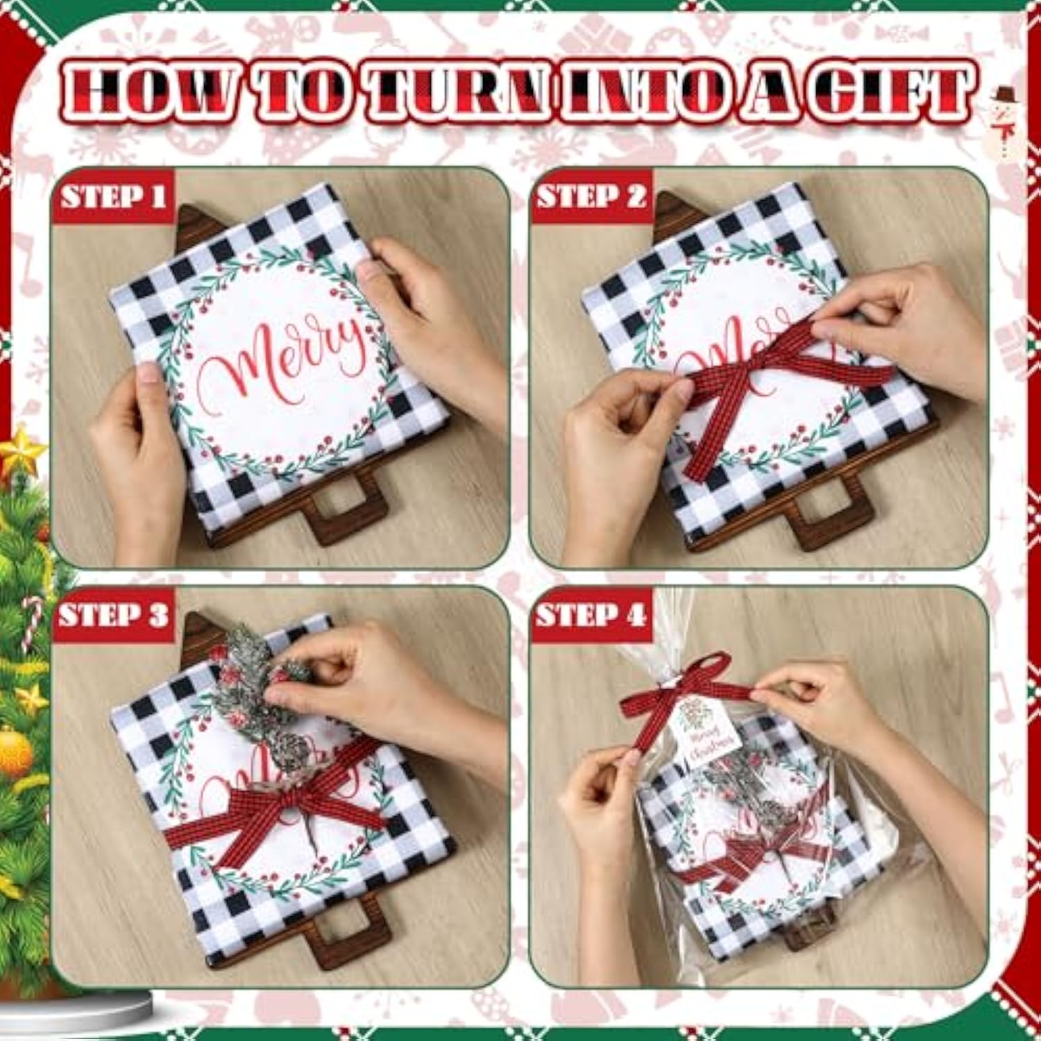 9 Sets Christmas Kitchen Gifts Bulk Wood Cutting Board Charcuterie Boards Christmas Kitchen Towels Pine Branches Xmas Cooking Gifts For Home Party Gift Winter Decoration(Tree Shaped)