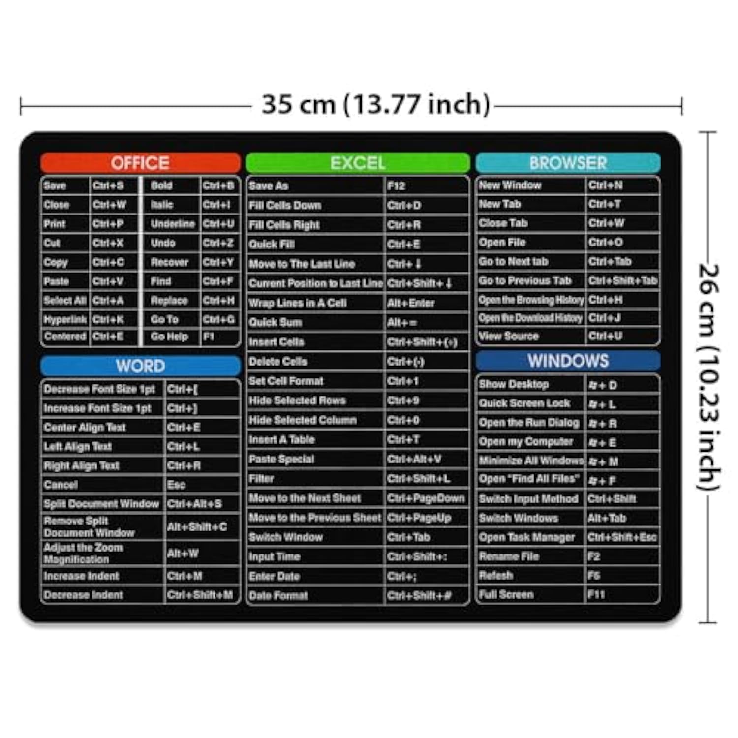 Extra Large (X-Large) Size Non-Slip Rectangle Mousepad, Shortcut Keys Mouse Pad For Home, Office And Gaming Desk