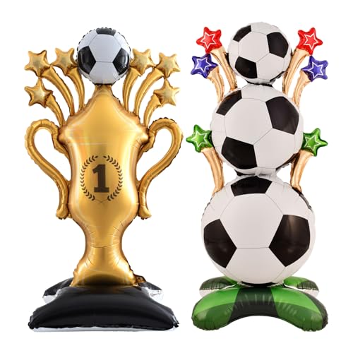 2 Piece 62 Inch Self Standing Soccer Balloons Champion Trophy Balloons, Giant Soccer Trophy Mylar Balloon, for Soccer Event Birthday, Game Day, Sports Competition Theme Decorations