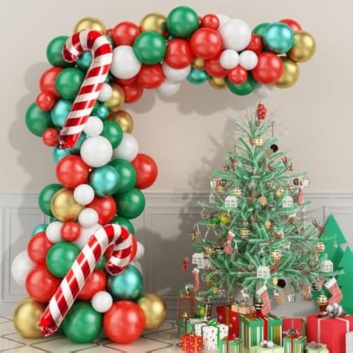 Christmas Balloon Garland Arch Kit Red Green Gold White Foil Balloons Party