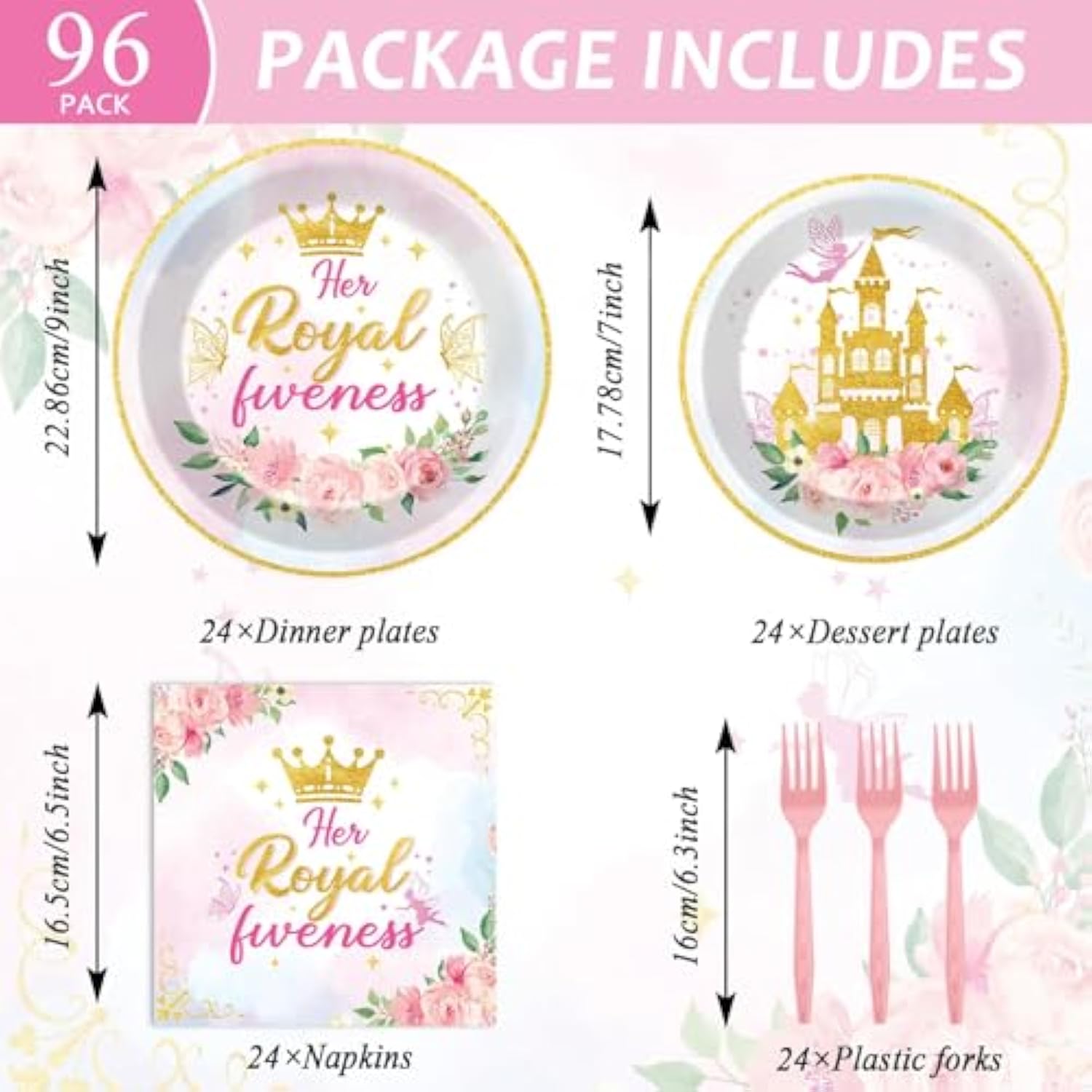 96Pcs Princess 5Th Birthday Plates And Napkins Her Royal Fiveness Decorations Princess Party Dessert Plates Rainbow Castle Tableware For 24 Guests 5Th Theme Girl Baby Shower Party Supplies