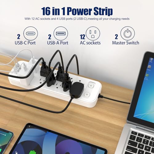 Surge Protector, Power Strip With Dual Independent Switches, Extension Cord & 12 Outlets And 2 Usb-A And 2 Usb-C For Offices, 1250W/10A, 6Ft Cord, Overload Protection
