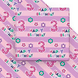 3Rd Birthday Wrapping Paper - Pink Happy Birthday With Floral Design, 6 Sheets, 19.7 X 27.5 Inch Each
