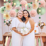 Sage Green And Blush Pink Bridal Shower Decorations Boho Bride To Be Decorations Sage Green And Pink Bachelorette Party Decorations Beige Fans Dusty Rose Tissue Pom Poms With Cream Tassel Garland