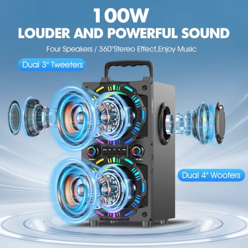Bluetooth Speaker, Portable Wireless Speakers With Microphone, 60W Peak Loud Stereo Rich Bass, Lights, Remote, Fm Radio, Eq, Double Subwoofer Sound System, Speaker For Home Outdoor Party Gifts(1Mic)