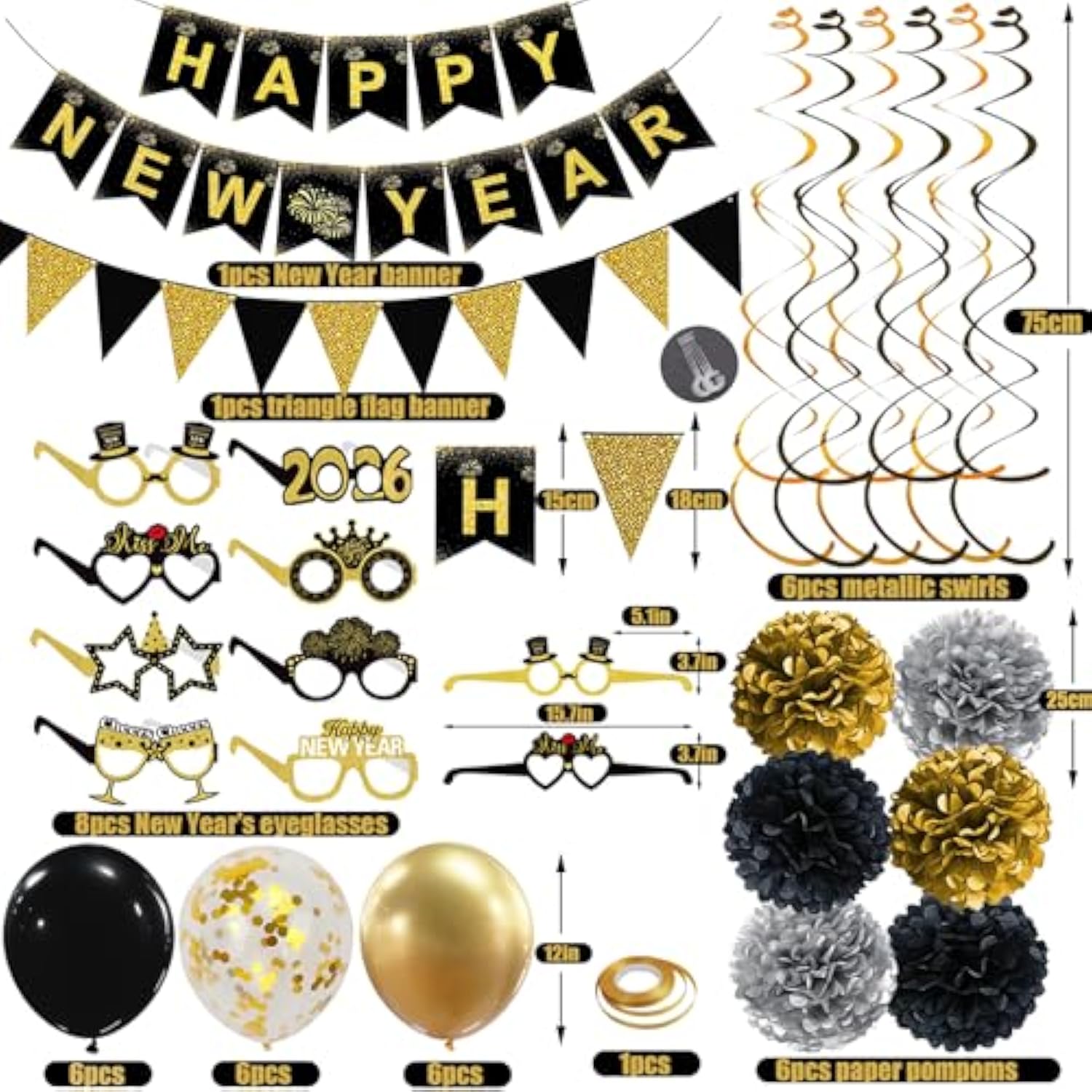 Happy New Years Decorations 2026, Black And Gold New Years Banner, Triangle Flag Banner And Hanging Swirls, Pompoms With Confetti Balloons, Glasses, Eve Party Supplies 2026