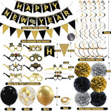 Happy New Years Decorations 2026, Black And Gold New Years Banner, Triangle Flag Banner And Hanging Swirls, Pompoms With Confetti Balloons, Glasses, Eve Party Supplies 2026