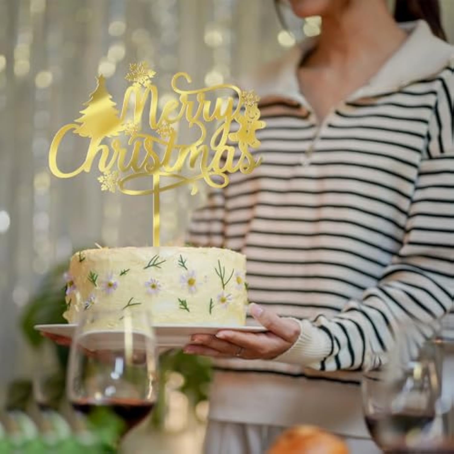 Merry Christmas Cake Topper,Gold Acrylic Xmas Holiday Cake Decorations, For Winter, Santa, Happy New Year Party, Christmas Theme Gingerbread Man Party Cake Decorations