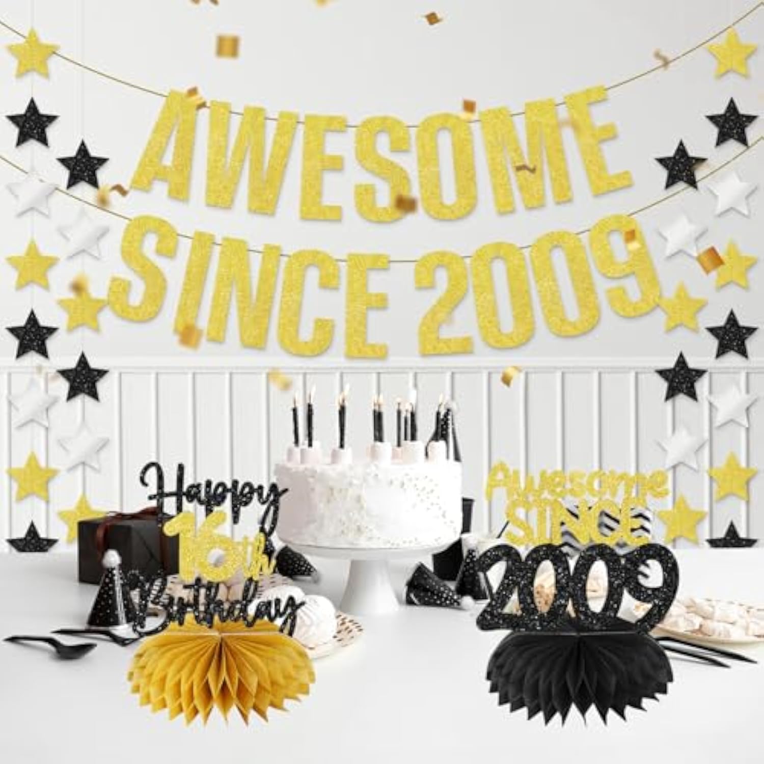 16Th Birthday Decorations Awesome Since 2009 Gold Glitter Banner For Boys Girls, 4Pcs Black Gold 16 Birthday Hanging Sign Party Supplies, Sixteen Year Old Bday Table Honeycomb Centerpieces
