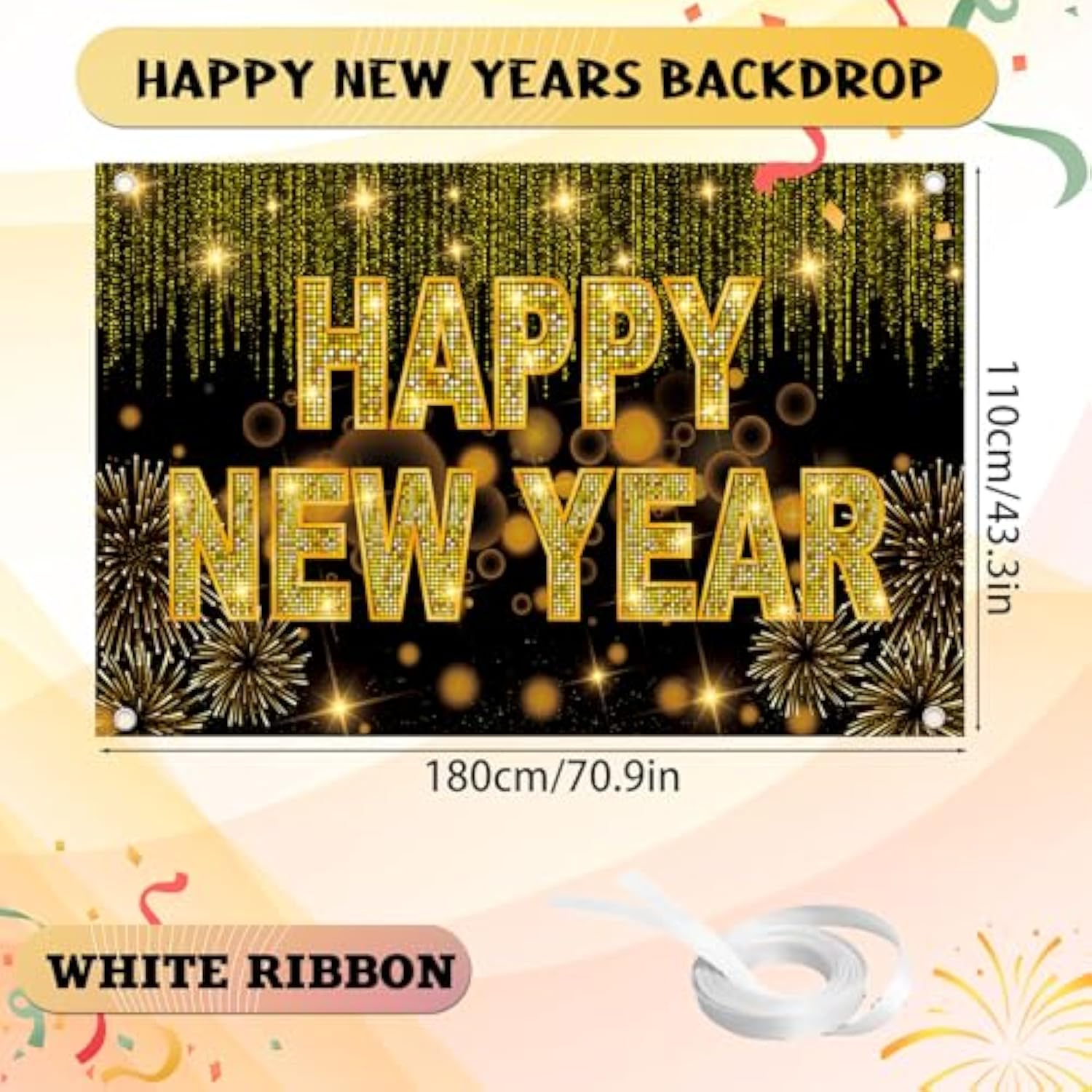 Happy New Year Banner 72x44in Fireworks Party Backdrop