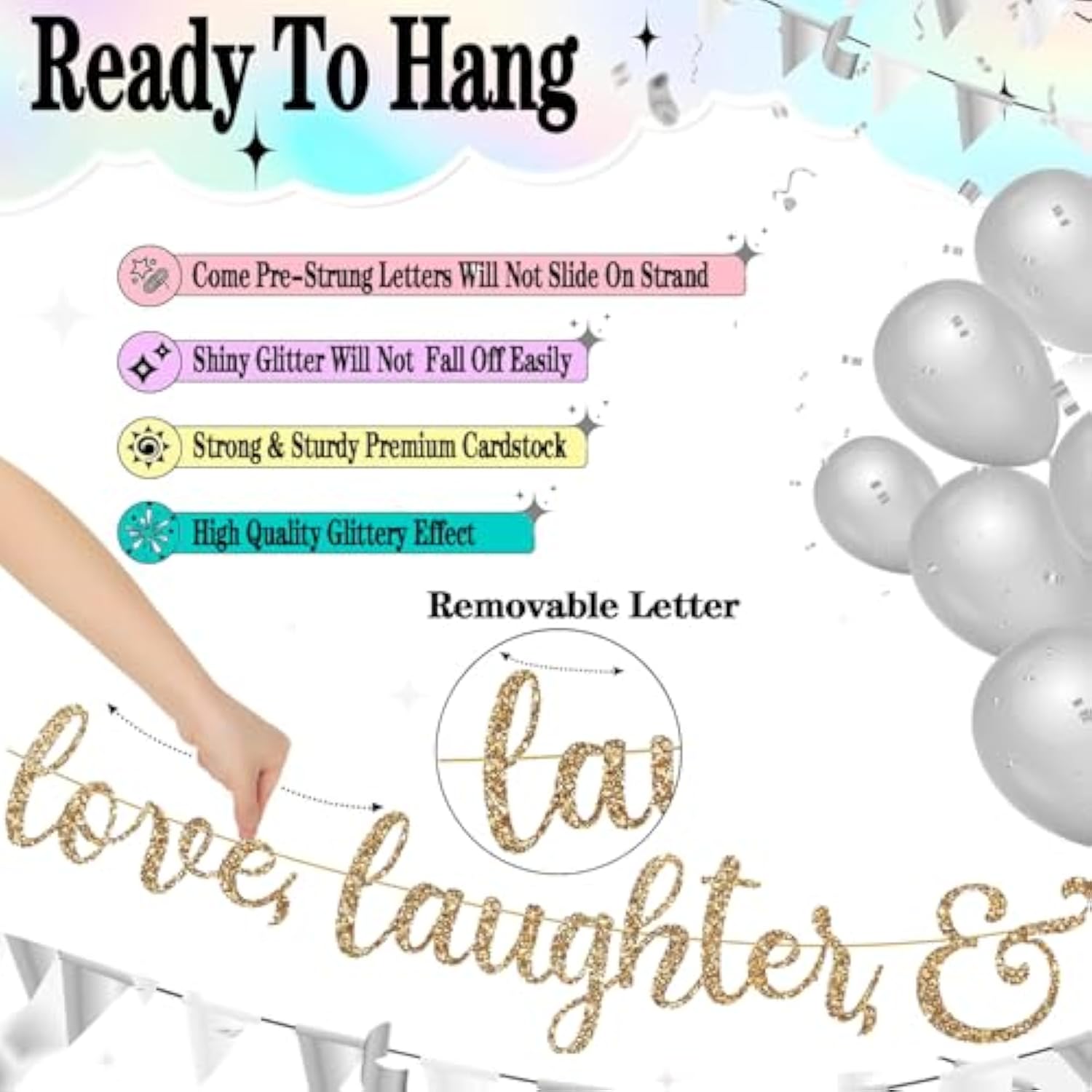 Gold Glitter "Love & Laughter" Banner with Heart Garland for Bridal Shower or Bachelorette