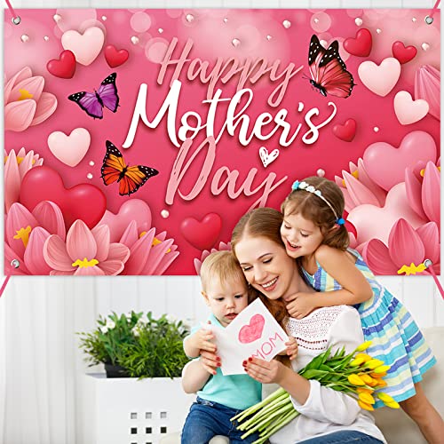 Large Happy Mother's Day Banner Decorations Mothers Day Flag Outdoor 71x44 Inch,Mom Gifts for Indoor Home House Decor Party Supplies,Yard Sign Background for Photography, Red Pink Heart Flowers