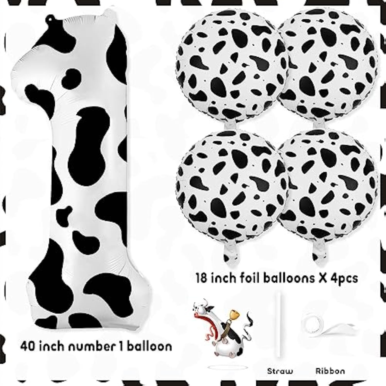 40-Inch Cow Print Number 1 Balloon with 18-Inch Cow Foil Birthday Decor