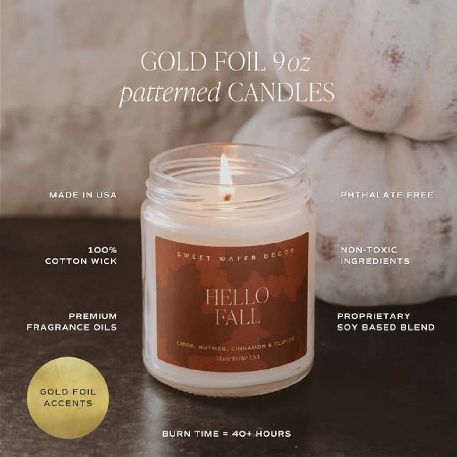 Hello Fall Candle, Autumn Scented Notes Of Cider, Cinnamon Cloves, & Nutmeg, 40+ Hour Burn Time, Non-Toxic Soy Wax Blend, Poured In The Usa, Cotton Wick, 9Oz Glass Jar With Gold Lid