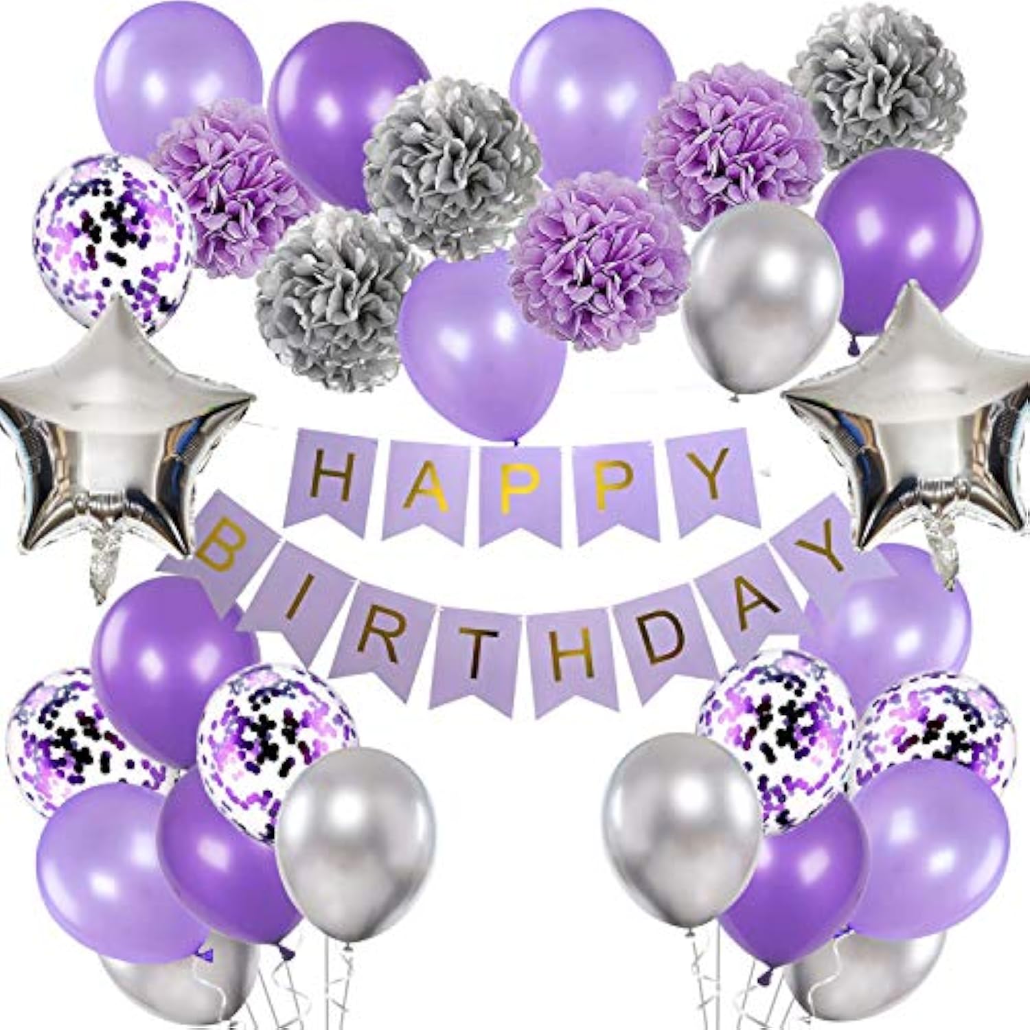 Birthday Decorations For Girls Purple And Silver Lavender Party Decor Kit For Her Women Including Happy Birthday Banner Pompom Flower Foil Balloons Confetti Latex Balloon Ribbons