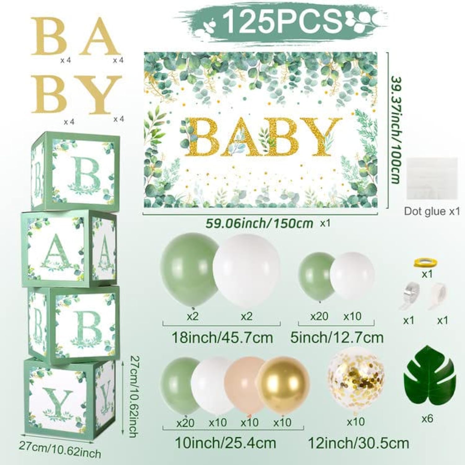 Sage Green Baby Shower Decor: Balloons, Backdrop & Boxes