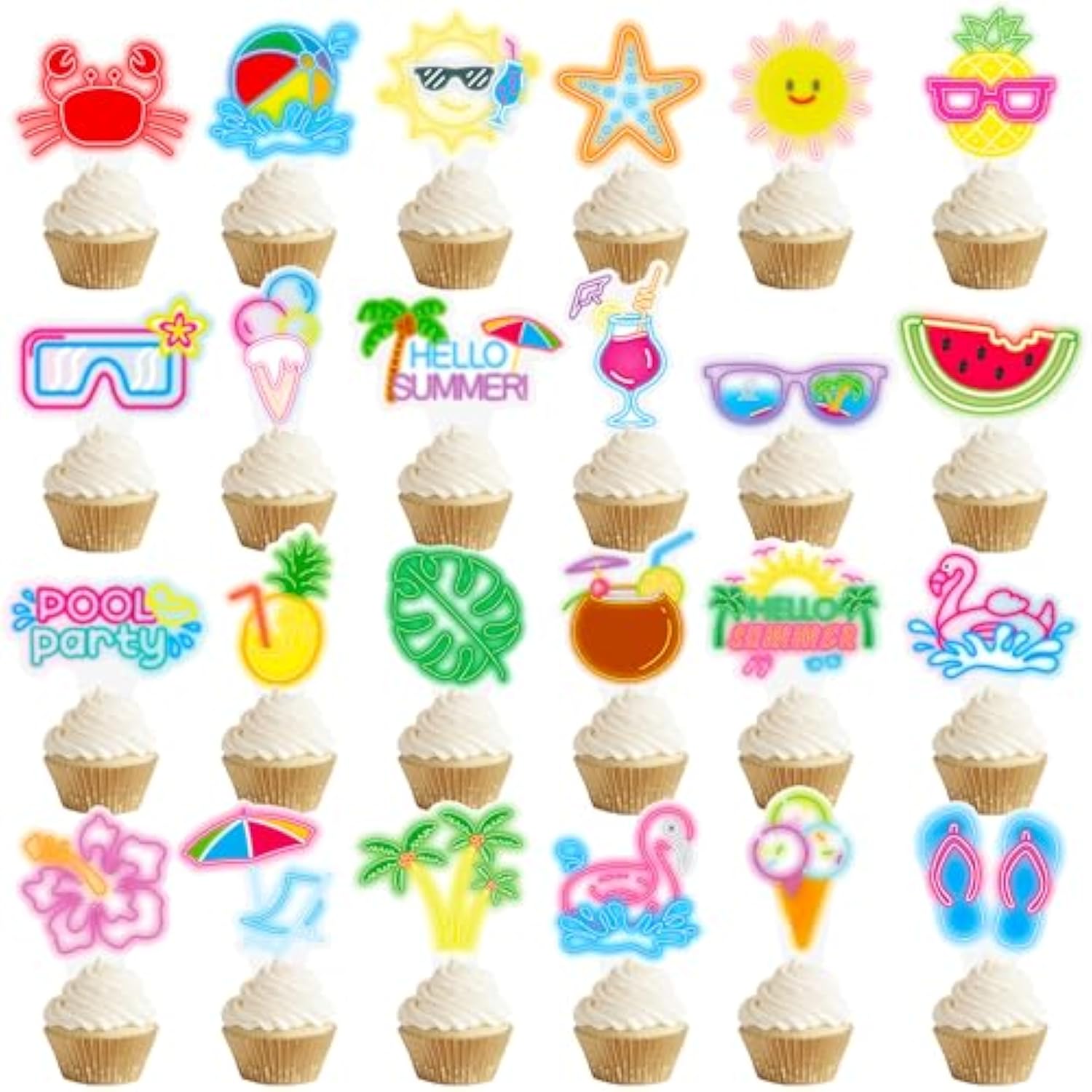 Neon Pool Party Cupcake Toppers Beach Sun Umbrella Birthday Cake Decorations 48Pcs Beach Pool Cupcake Picks Hawaiian Party Decor For Baby Shower Hawaii Theme Tropical Luau Birthday Party Supplies