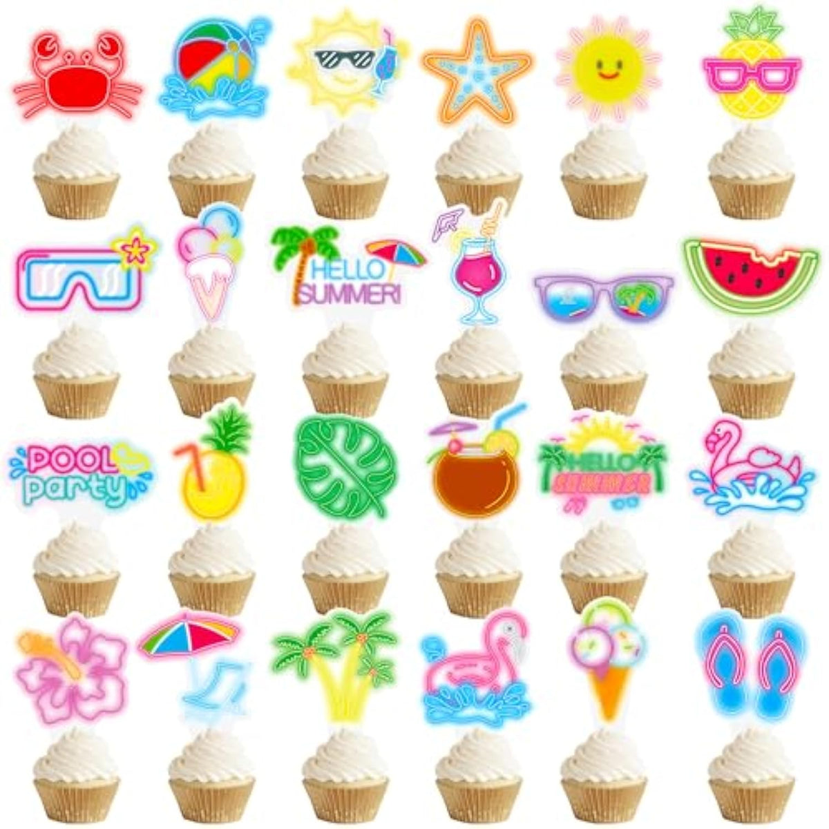 Neon Pool Party Cupcake Toppers Beach Sun Umbrella Birthday Cake Decorations 48Pcs Beach Pool Cupcake Picks Hawaiian Party Decor For Baby Shower Hawaii Theme Tropical Luau Birthday Party Supplies