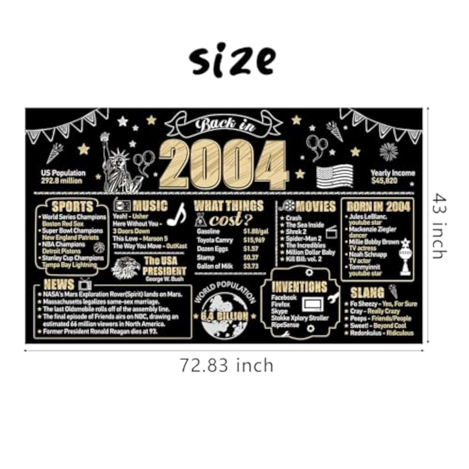 21st Birthday Banner — Black & Gold “Back in 2004” Photo Backdrop for Men & Women
