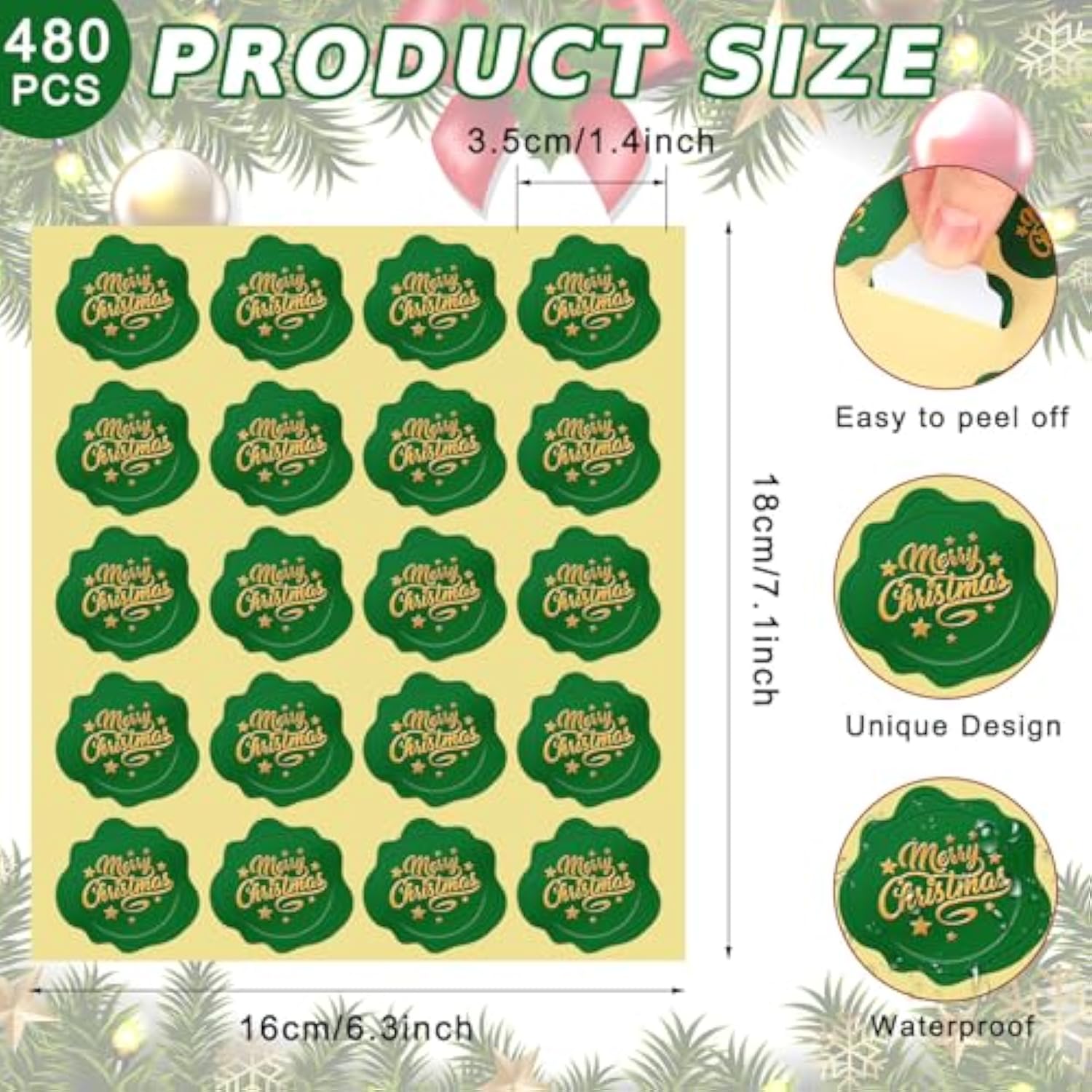 480Pcs Christmas Foil Seal Stickers Merry Christmas Stickers Gold Red Green Self-Adhesive Label Decals For Xmas Greeting Invitation Cards Sealing Gift Wrapping Supplies
