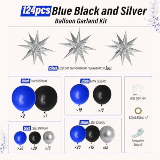Royal Blue And Black Balloon Garland Arch Kit With 3Pcs Star Balloon, Navy Blue Balloons Metallic Sliver Black Balloons For 30Th 40Th 50Th Birthday Graduation New Years Party Decorations