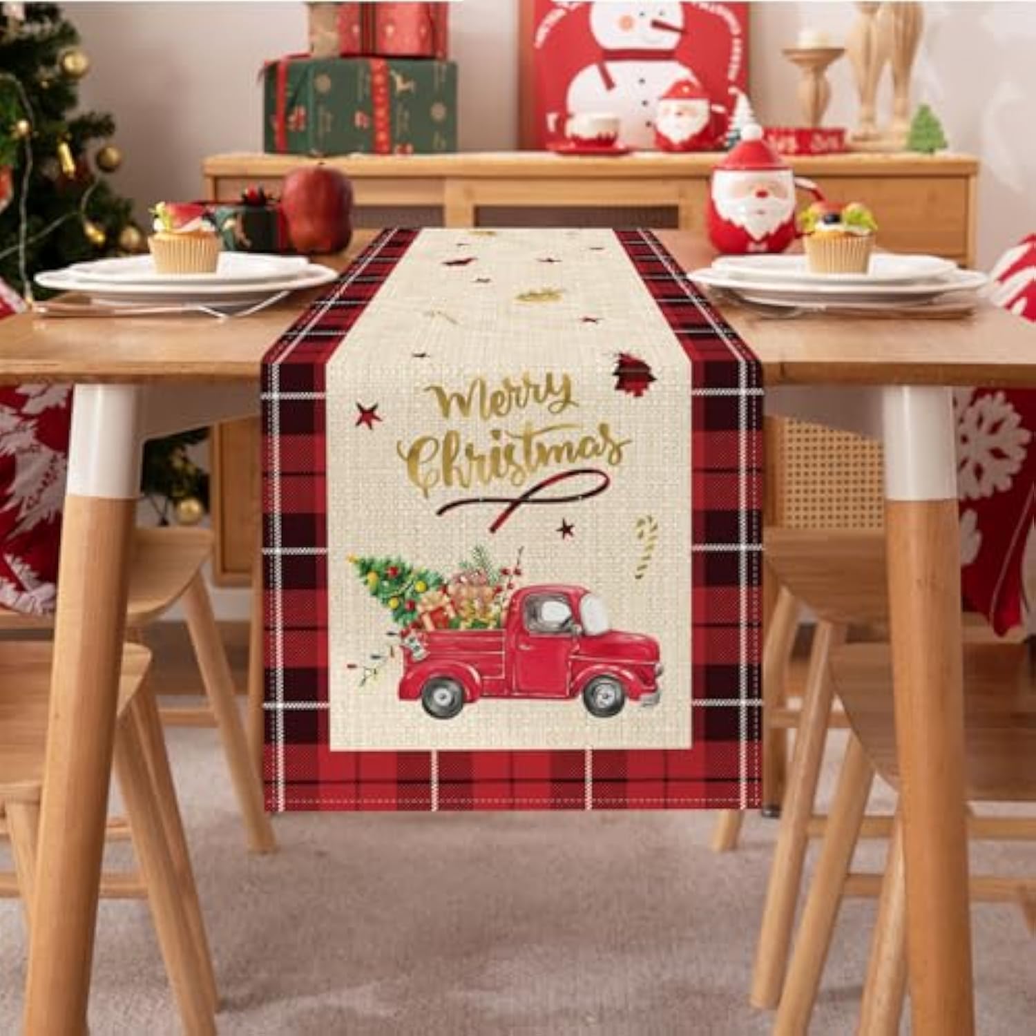 Merry Christmas Red Truck Table Runner 13X72 Inch Buffalo Plaid Xmas Tree Seasonal Winter Holiday Kitchen Kitchen Dining Table Decoration For Indoor Outdoor Home Party Decor