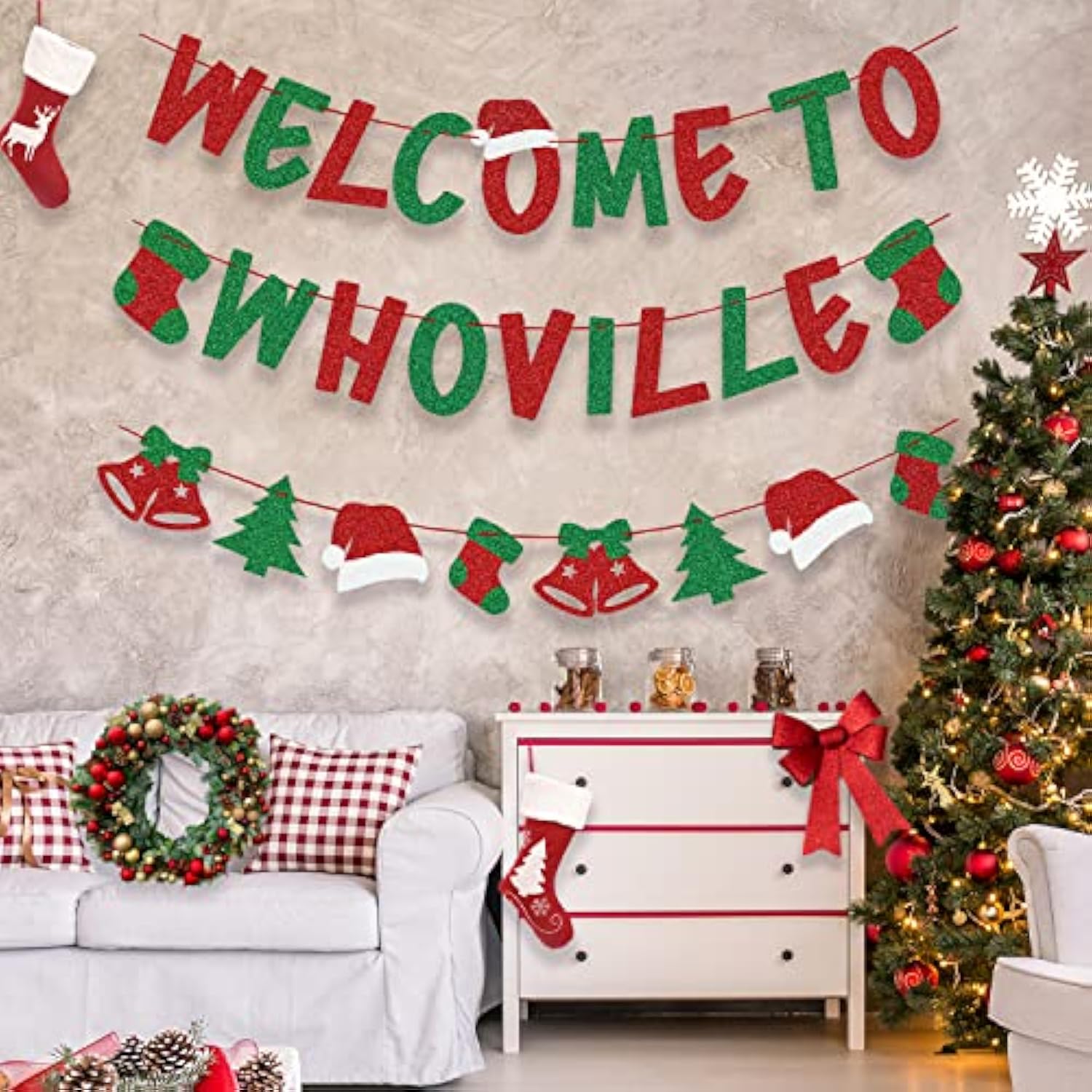 Christmas Decorations – Glittery Welcome To Whoville Banner And Garland For Grinch Christmas Decor, Grinch Decorations