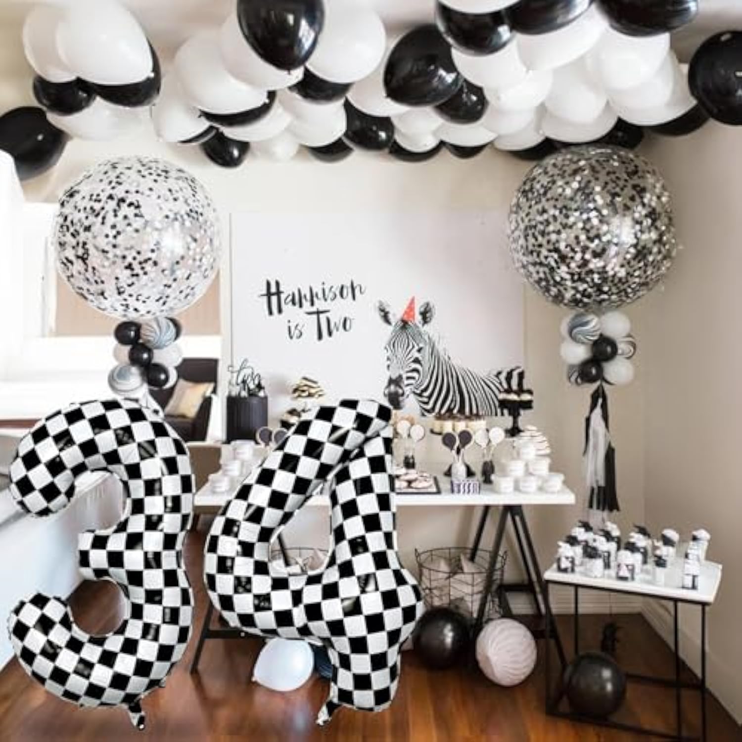 40in Black White Checkered Number 4 Foil Balloon Kids Birthday Party Decor