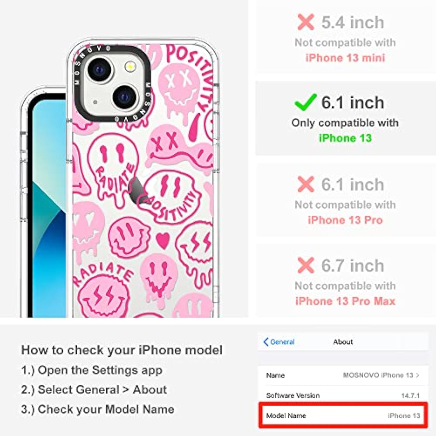 Case For Iphone 13, [Buffertech 6.6Ft -Grade Drop Protection] [Anti Peel Off Tech] Clear Tpu Bumper Phone Case Cover Design - Pink Dripping Smiles