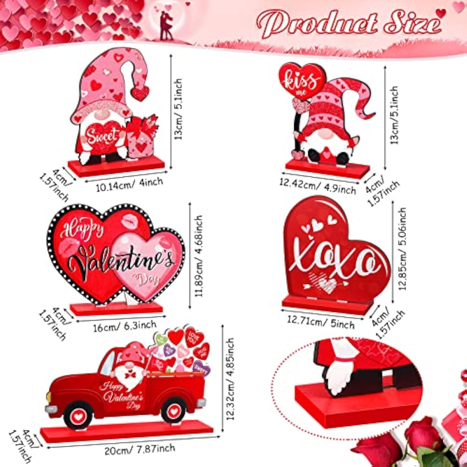 5 Pieces Valentine'S Day Wooden Table Sign Decoration Freestanding Table Centerpiece Sign Romantic Truck Heart Shape Home Decor Tiered Tray Gnome Valentines Day Accessories(Red)