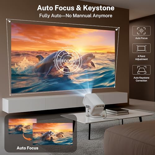Smart Projector With Wifi 6 And Bluetooth 5.4, 600 Ansi Native 1080P Portable Mini Projector With Auto Focus & Keystone, 270° Rotatable For Bedroom Home Theater Outdoor Movie White&Gray