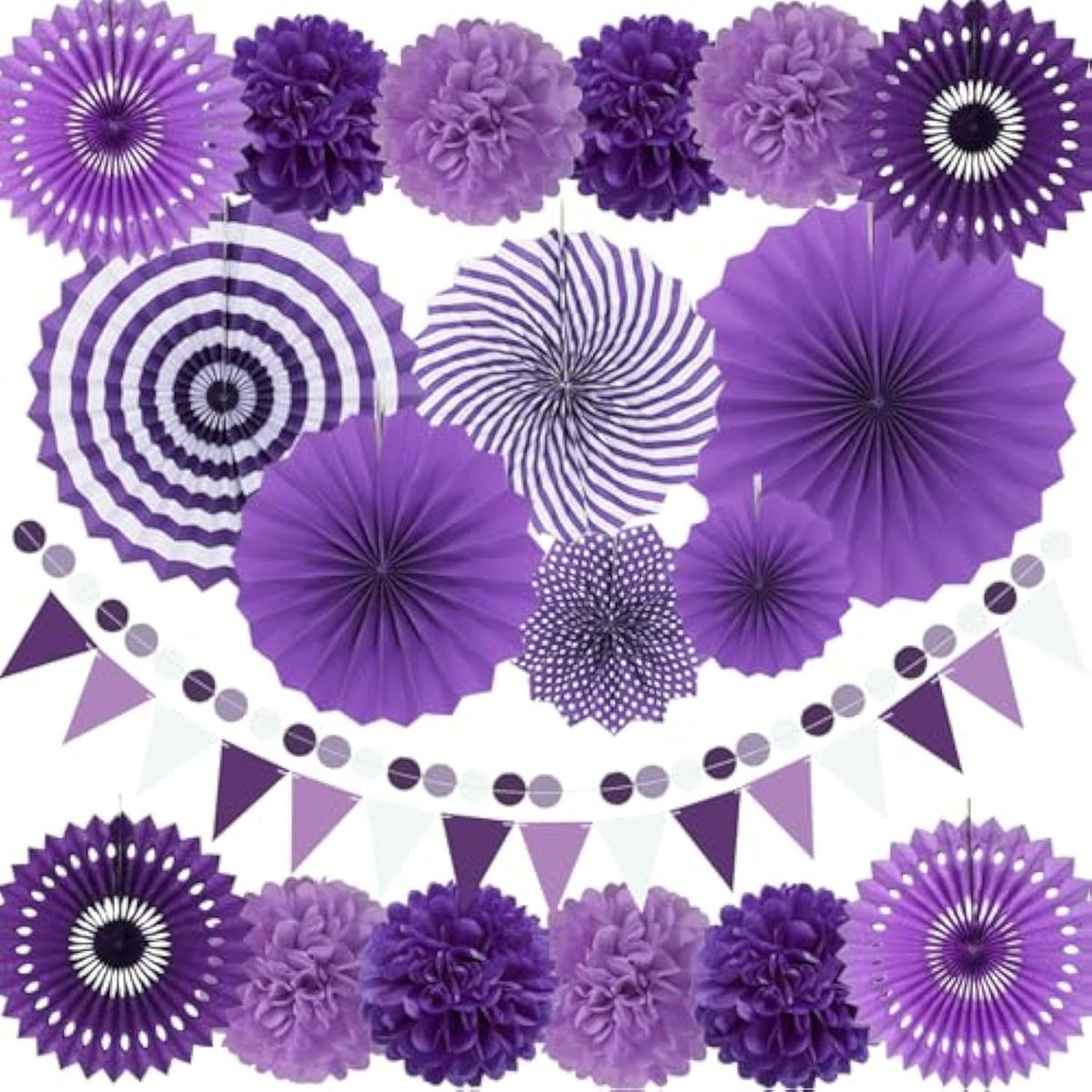 Purple Party Decorations With Hanging Paper Fan, Tissue Paper Pom Poms, Circle Dots Garland, Triangle Pennant For Birthday Bridal Shower Wedding Party Decorations (Purple)