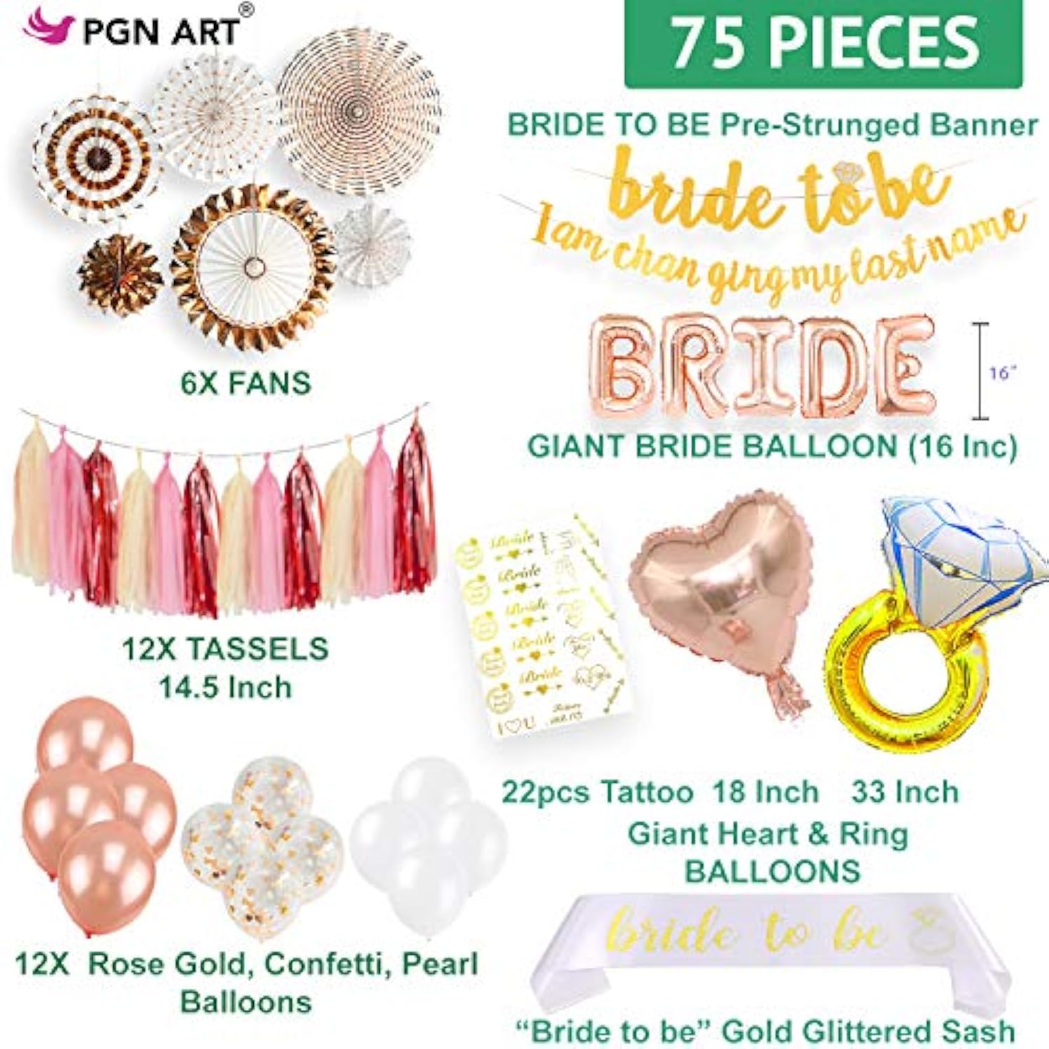 75 Pcs Bridal Shower Decorations - Bride To Be Party Supplies Kit, Bachelorette Party Decorations With Rose Gold, Confetti & Pearl Balloons, Bride To Be Banner & Sash, Ring, Backdrop Garland Tassel