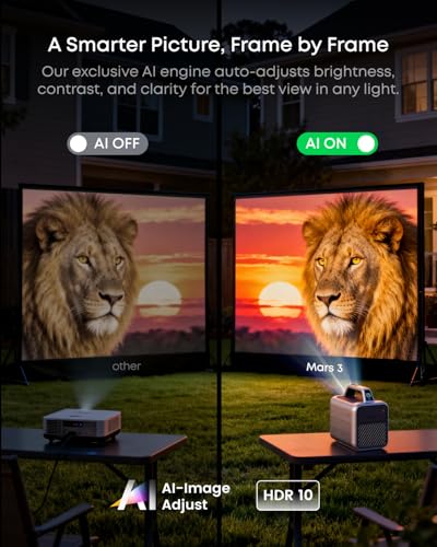 Mars 3 Outdoor Portable Projector, 1000 Ansi Lumens, Ai-Powered Image, Built-In Battery With 5 Hour Playtime, Android Tv, 200 Inch Home Theater, For Backyard, Office And Business, And Camping