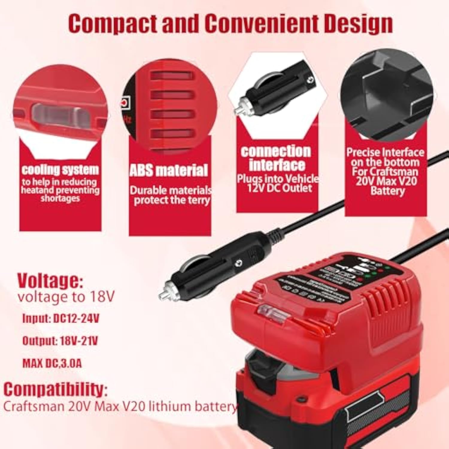 Mini Car Charger Compatible For Craftsman 20V Max V20 Lithium-Ion Battery Replacement For Craftsman 20V Max V20 Lithium-Ion Charger Station For Craftsman V20 Lithium Battery Cmcb204 Cmcb202 Cmcb201