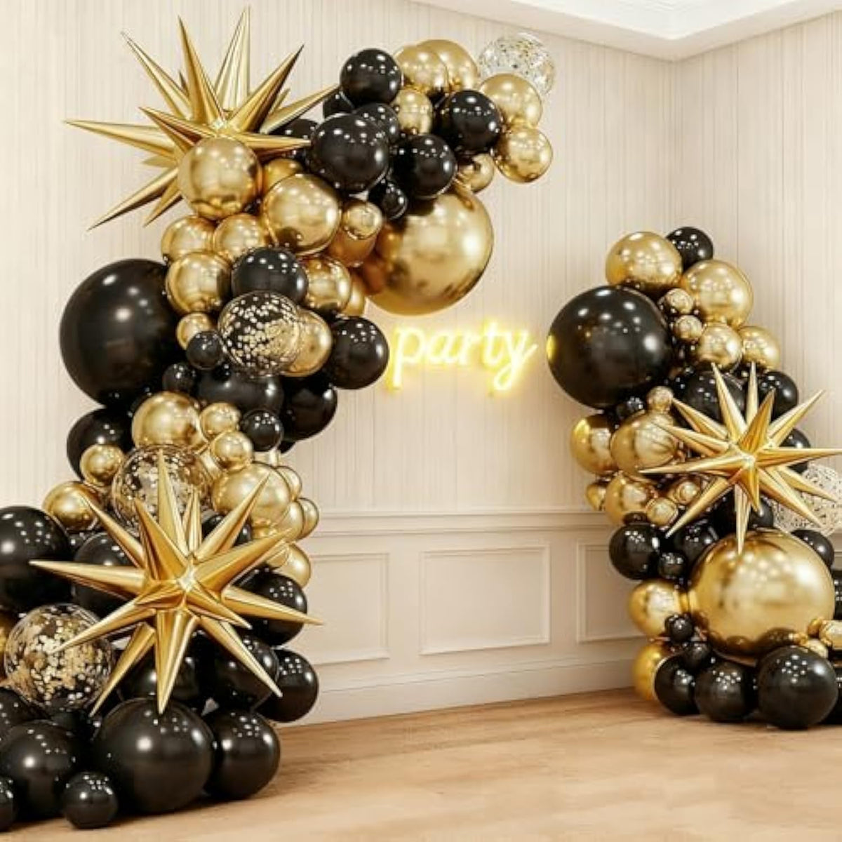 135 Pcs Black Gold Balloon Arch Kit with Confetti Star Balloons for Party Decor