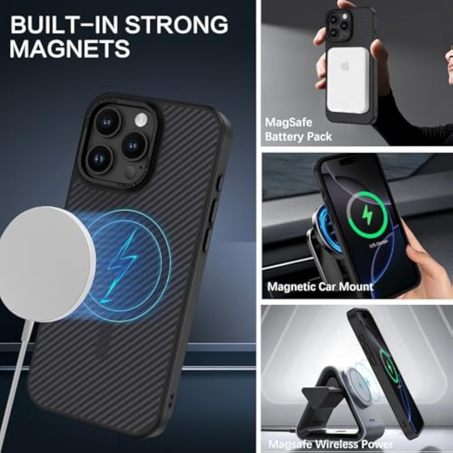 For Iphone 16 Pro Case With Carbon Fiber Texture Design [Compatible With Magsafe] Matte Back Anti-Scratch Slim Shockproof Phone Cover For Iphone 16 Pro 6.3 Inch-Black