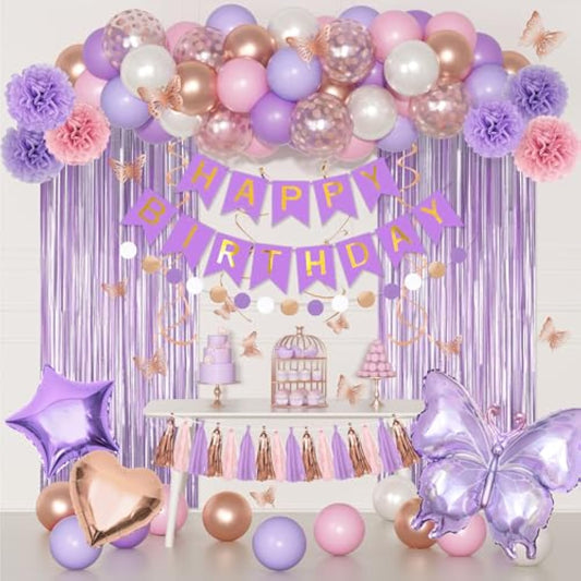 Purple Pink Birthday Party Decorations, Butterfly Confetti Rose Gold Lavender Balloons Happy Birthday Banner Fringe Curtains Hanging Swirls Circle Dots Tassels Pompoms For Mothers Day Women Girls