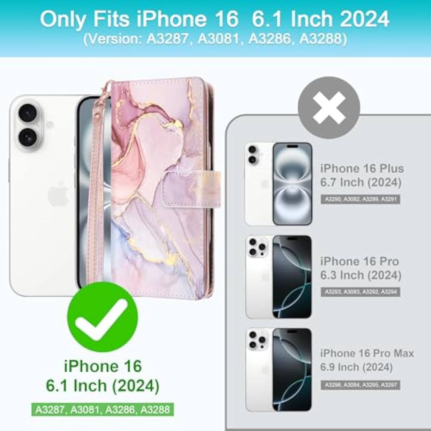 iPhone 16 Wallet Case, Marble Rose Gold PU Leather, 9 Card Slots, Shockproof