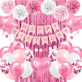 Pink Birthday Party Set Banner, Balloons, Pom Poms, Confetti, & Fringe Curtain
