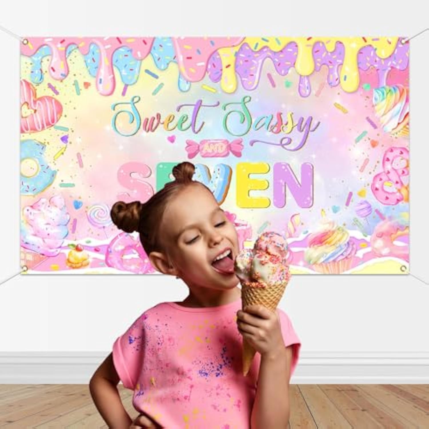 Donut 7th Birthday Backdrop Sweet Sassy Seven Banner for Girls Party (Pink)