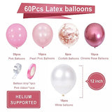 Pink White Rose Party Balloons, 60Pcs 12 Inch Pink White Rose Gold Confetti Balloons Kit, Pink White Chrome Rose Latex Balloons For Birthday, Wedding, Baby Shower, Graduation Decorations