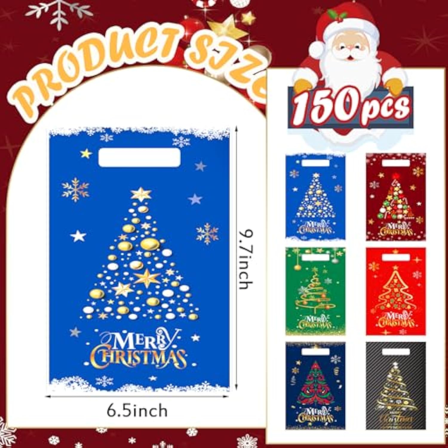 150 Pcs Christmas Treat Bags Christmas Tree Goodies Bags Bulk Plastic Candy Treat Snacks Bags With Handles For Holiday Cookie Goody Gift Merry Christmas Party Favor Supplies, 6 Styles