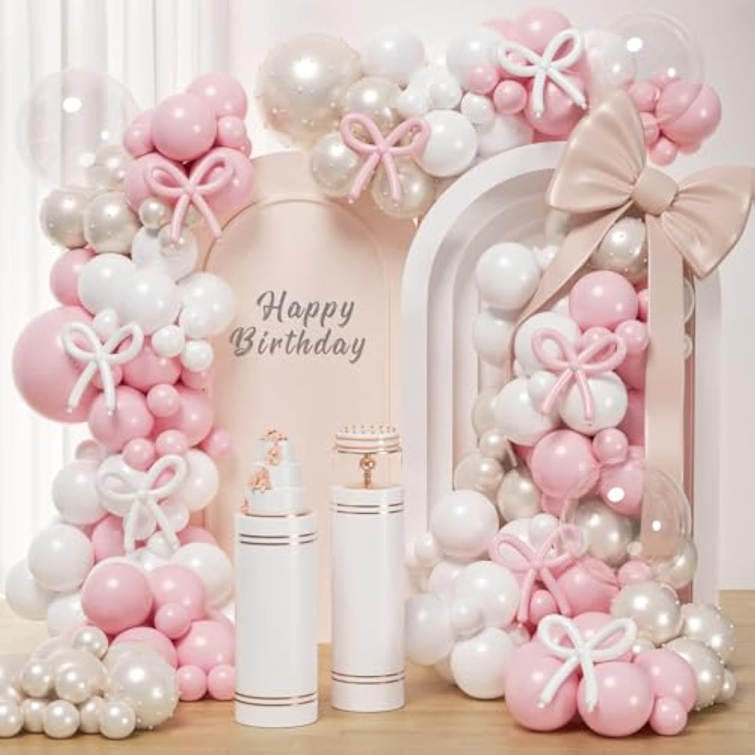 Pink Bow Balloons Arch Kit 147Pcs Coquette Birthday Decorations Pink And White Balloon With Double-Stuffed Peal White Sand Long Bobo Balloon For Girls Baby Shower Coquette Birthday Party Decorations