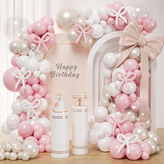 Pink Bow Balloons Arch Kit 147Pcs Coquette Birthday Decorations Pink And White Balloon With Double-Stuffed Peal White Sand Long Bobo Balloon For Girls Baby Shower Coquette Birthday Party Decorations