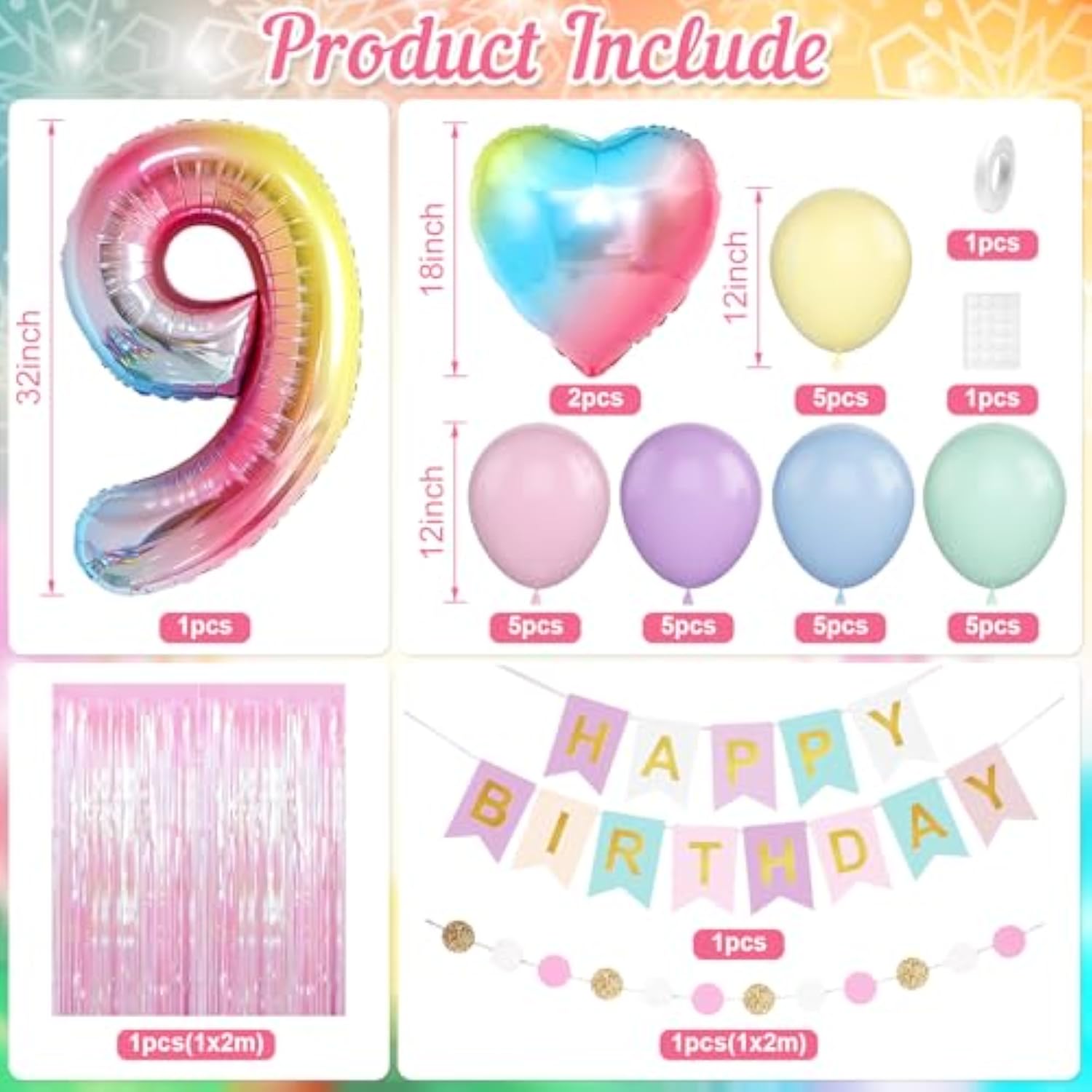 Pastel Rainbow 9th Birthday Décor Set with Number Balloon & Banner