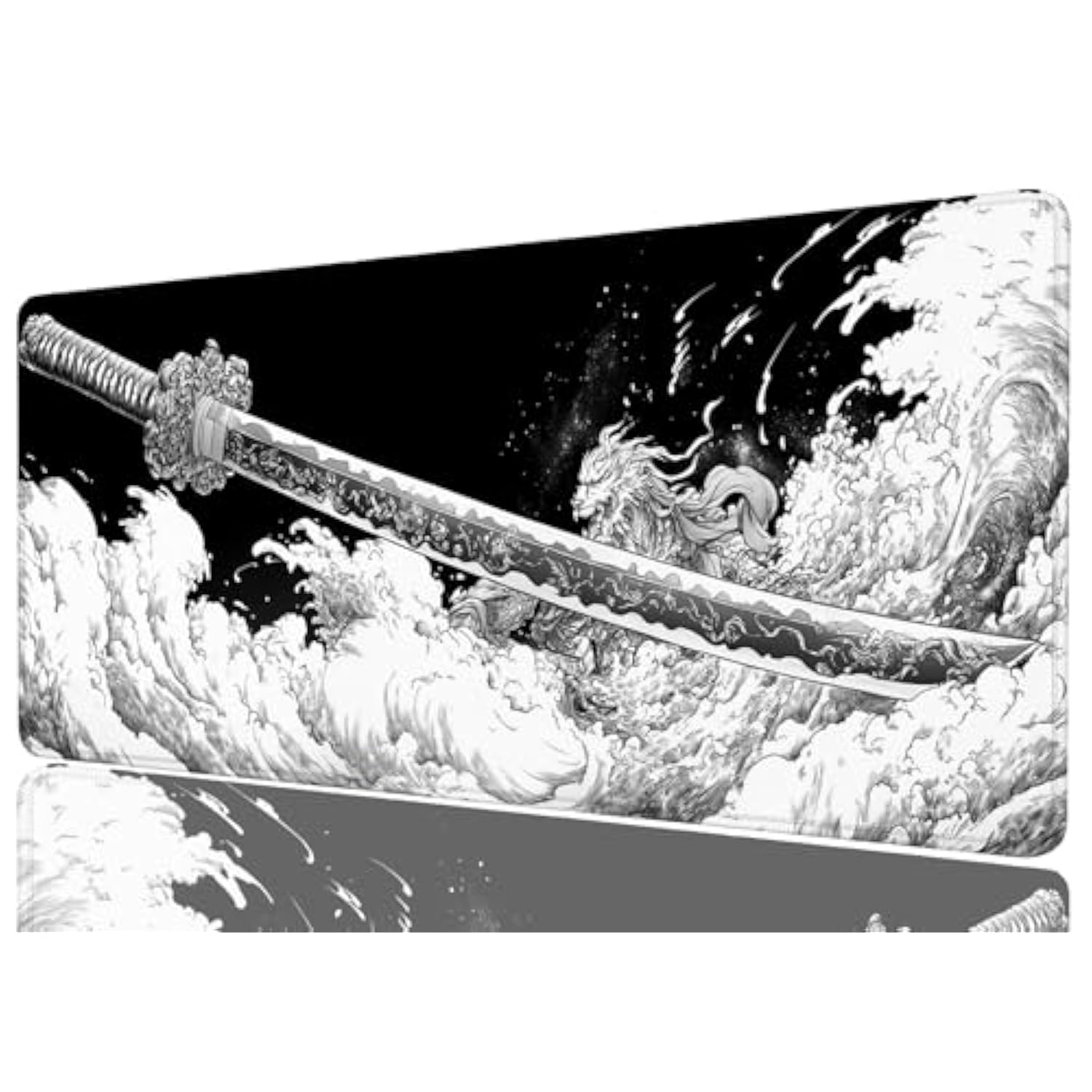 Japanese Samurai Sword Extended Mouse Pad, Black And White Anime Extended Gaming Mouse Pad Mat With Stitched Edge Non-Slip Base Big Mouse Pad, Office Computer Keyboard Laptop Home, 31.5”X11.8”
