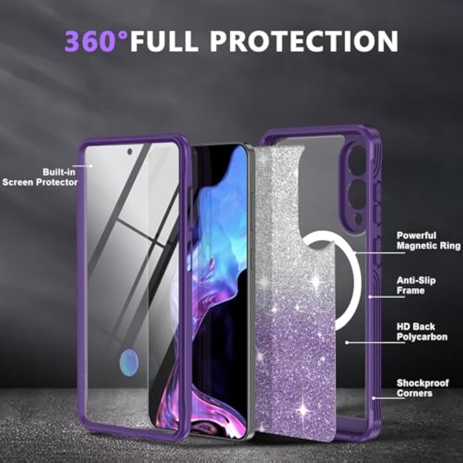 For Samsung Galaxy S25 Edge Case Glitter,Compatible With Magsafe[Built-In Tempered Glass Screen Protector] Full Body Shockproof Protective Slim Fit Bling Phone Case,Amethyst Purple