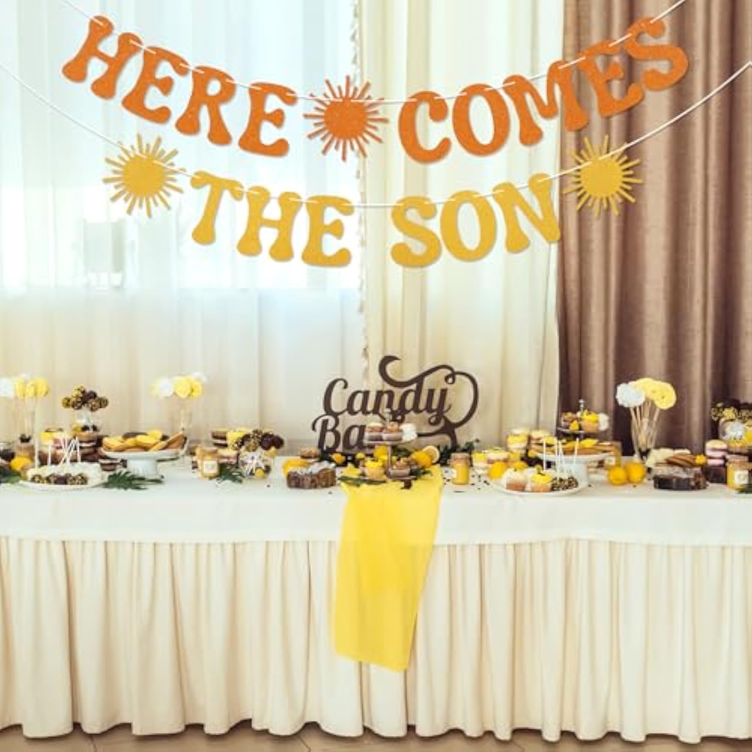 Here Comes The Son Banner - Sunshine Baby Shower Gender Reveal Party Decor, First Trip Around The Sun Decorations Gold Orange