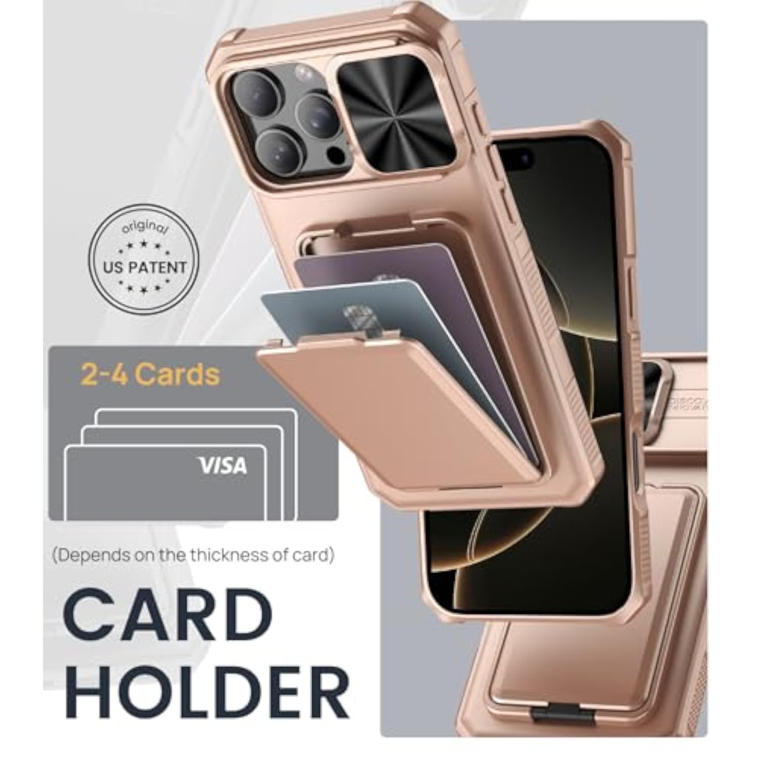Rose Gold iPhone 16 Pro Case with Stand and Card Holder
